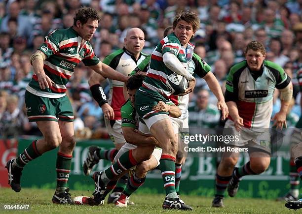 Toby Flood of Leicester passes the ball during the Guinness Premiership match between Leicester Tigers and Harlequins at Welford Road on April 24,...