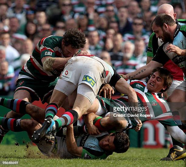 Toby Flood of Leicester is stopped by the Harlequin defence during the Guinness Premiership match between Leicester Tigers and Harlequins at Welford...