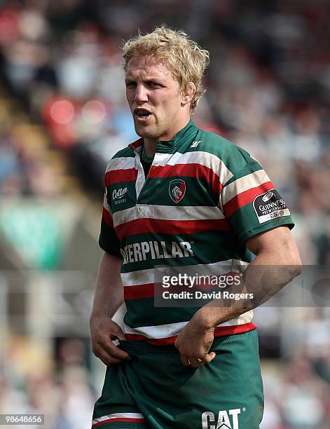 Lewis Moody of Leicester looks on during the Guinness Premiership match between Leicester Tigers and Harlequins at Welford Road on April 24, 2010 in...