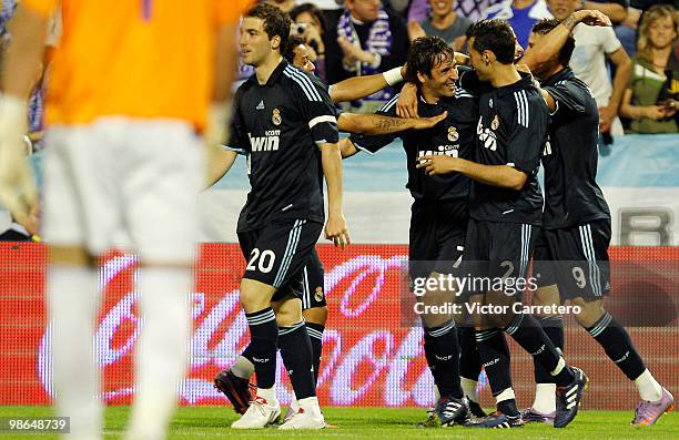 Raul Gonzalez of Real Madrid celebrates with Alvaro Arbeloa after scoring during the La Liga match between Zargoza and Real Madrid at La Romareda on...