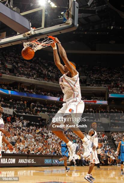 Tyrus Thomas of the Charlotte Bobcats dunks against the Orlando Magic in Game Three of the Eastern Conference Quarterfinals during the 2010 NBA...