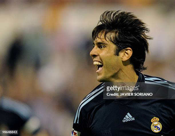 Real Madrid's Brazilian midfielder Kaka celebrates after scoring their second goal during the Spanish League football match Zaragoza against Real...