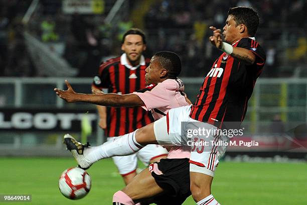 Thiago Silva of Milan and Abel Hernandez of Palermo battle for the ball during the Serie A match between US Citta di Palermo and AC Milan at Stadio...