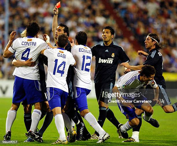 Matteo Contini of Zaragoza is shown the red card during the La Liga match between Zargoza and Real Madrid at La Romareda on April 24, 2010 in...