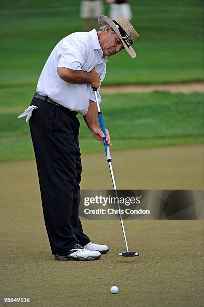 Blaine McCallister putts for birdie on the 10th green during the second round of the Legends Division at the Liberty Mutual Legends of Golf at The...