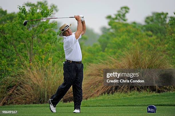 Blaine McCallister tees off on during the second round of the Legends Division at the Liberty Mutual Legends of Golf at The Westin Savannah Harbor...