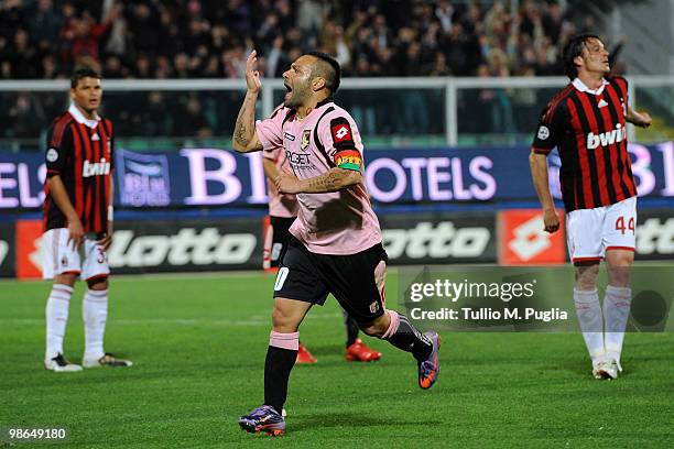 Fabrizio Miccoli of Palermo celebrates after scoring his team's third goal during the Serie A match between US Citta di Palermo and AC Milan at...