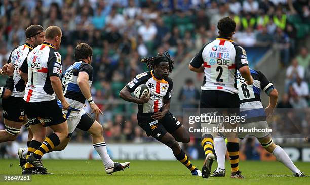 Paul Sackey of Wasps tries to find a way through during the Guinness Premiership St George's Day Game between London Wasps and Bath Rugby at...