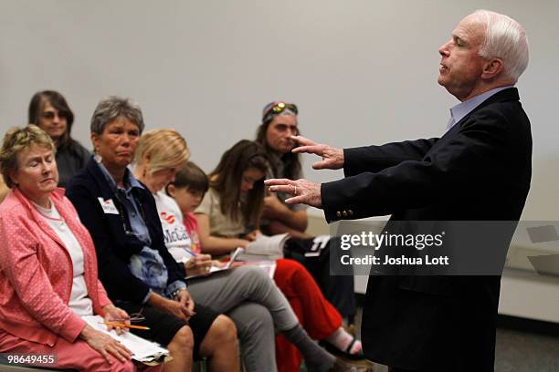 Sen. John McCain speaks during a town hall meeting on a campaign stop at Pima Community College on April 24, 2010 in Tucson, Arizona. McCain told...