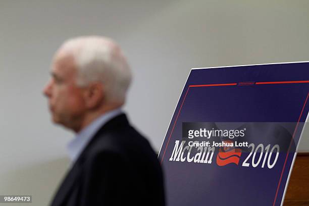 Sen. John McCain speaks during a town hall meeting on a campaign stop at Pima Community College April 24, 2010 in Tucson, Arizona. McCain told...