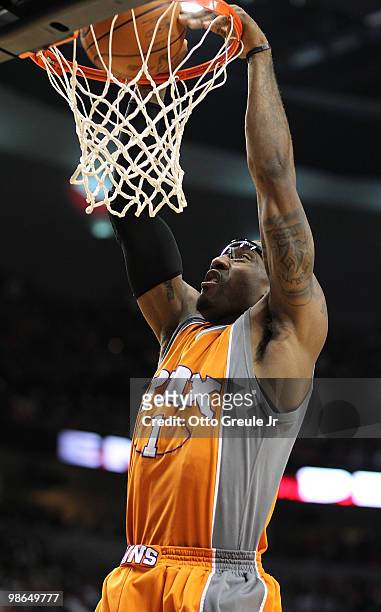 Amare Stoudemire of the Phoenix Suns dunks against the Portland Trail Blazers during Game Four of the Western Conference Quarterfinals of the NBA...