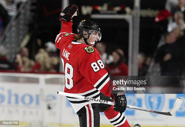 Patrick Kane of Chicago Blackhawks celebrates after scoring and tying the game up in the third against the Nashville Predators at Game Five of the...