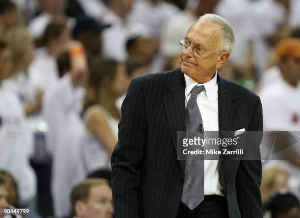 Charlotte Bobcats head coach Larry Brown reacts to a call during Game Three of the Eastern Conference Quarterfinals against the Orlando Magic during...