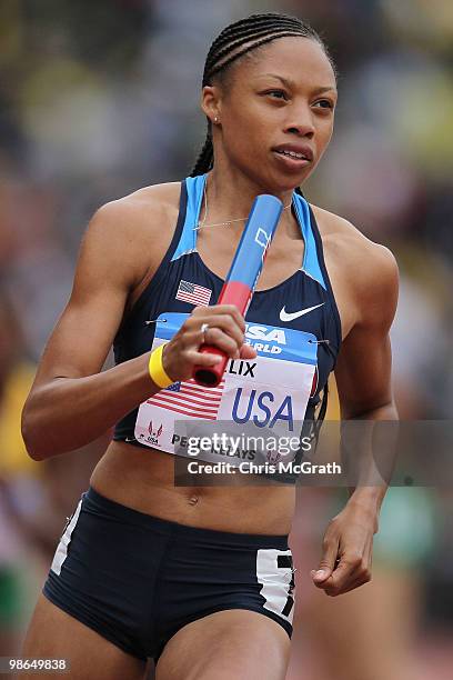 Allyson Felix of USA Blue runs the final leg in the USA vs The World Womens 4 x 400-meter relay during the Penn Relays at Franklin Field April 24,...