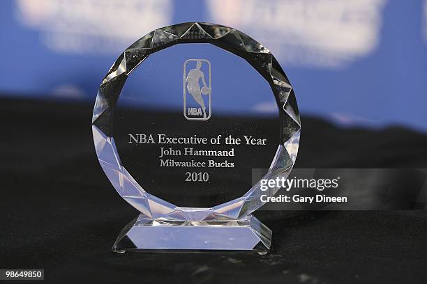 The trophy presented to General Manager John Hammond of the Milwaukee Bucks for winning the 2009-10 NBA Executive of theYear Award during a press...