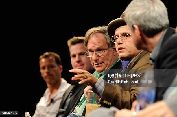Actor Guy Pearce, writer Jonathan Nolan, journalist Robert Krulwich, actor Joe Pantoliano and Dr. William Hirst attend the Sloan/Tribeca Talks after...