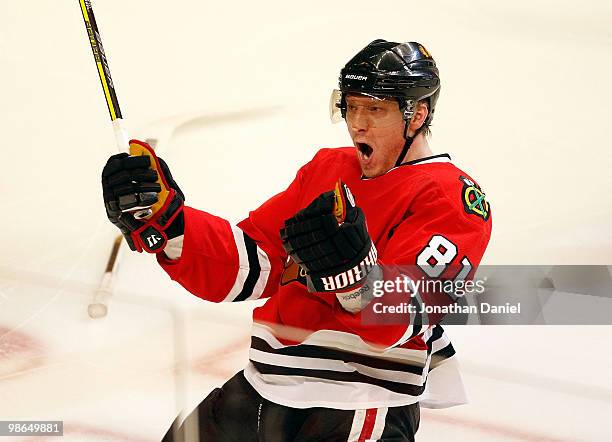 Marian Hossa of the Chicago Blackhawks celebrates scoring the game-winning goal against the Nashville Predators in Game Five of the Western...