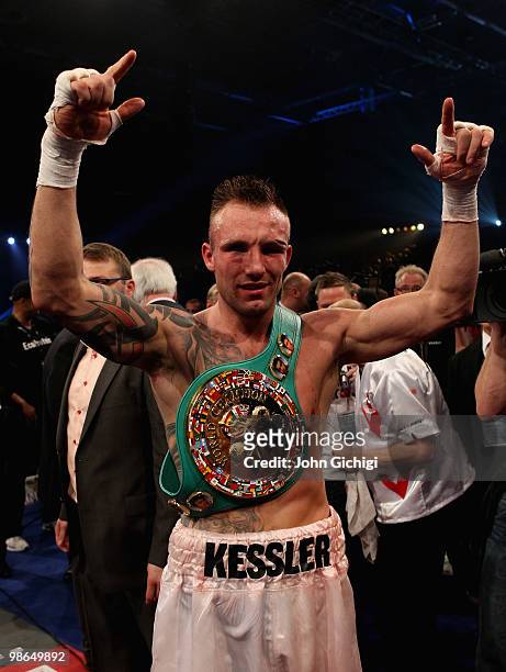 Mikkel Kessler of Denmark celebrates being declared winner in his fight against Carl Froch of England after their Super Six WBC Super Middleweight...