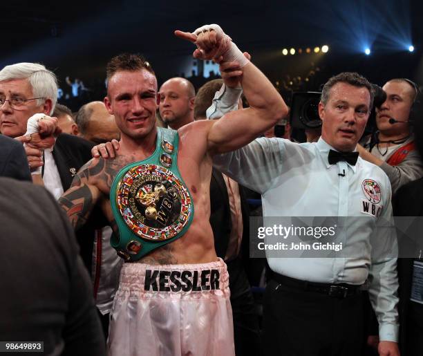 Mikkel Kessler of Denmark celebrates being declared winner in his fight against Carl Froch of England after their Super Six WBC Super Middleweight...