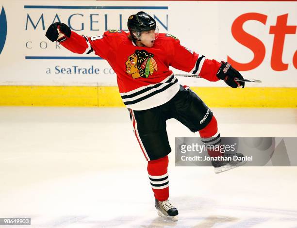 Patrick Kane of the Chicago Blackhawks celebrates his game-tying score with 13 seconds left in regulation against the Nashville Predators in Game...