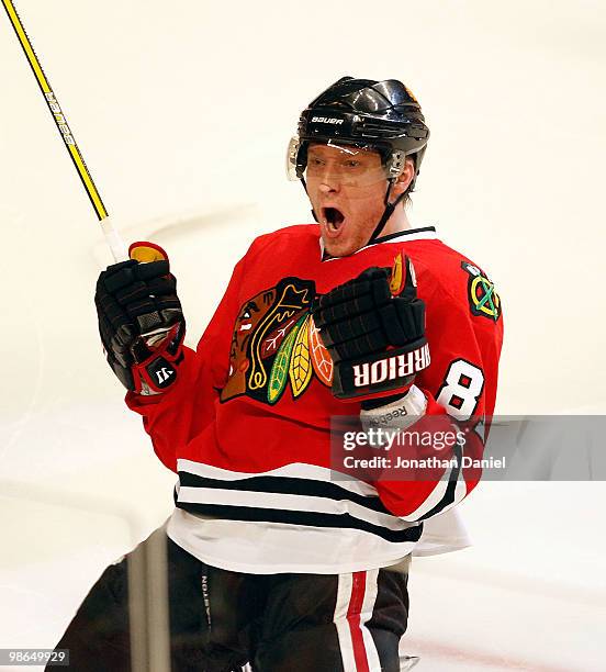 Marian Hossa of the Chicago Blackhawks celebrates scoring the game-winning goal against the Nashville Predators in Game Five of the Western...