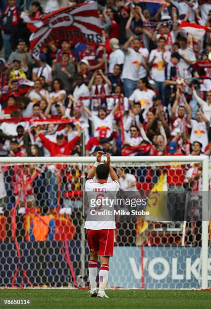 Juan Pablo Angel of the New York Red Bulls salutes the crowd after defeating the Philadelphia Union 2-1 on April 24, 2010 at Red Bull Arena in...