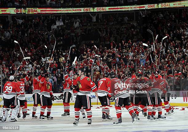The Chicago Blackhawks celebrate winning in overtime against the Nashville Predators at Game Five of the Western Conference Quarterfinals during the...
