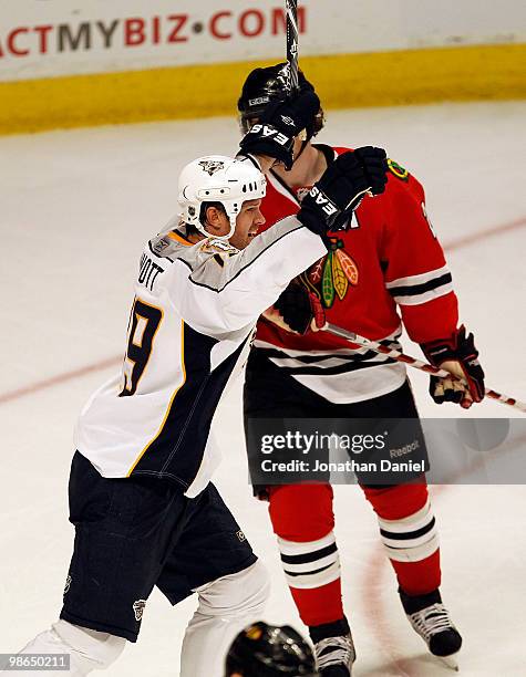 Jason Arnott of the Nashville Predators celebrates a goal in the 3rd period as he skates past Duncan Kieth of the Chicago Blackhawks in Game Five of...