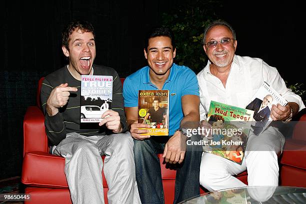 Perez Hilton, Mario Lopez and Emilio Estefan attend the celebrity author series "Friends and Authors" book signing at Foxwoods Resort Casino on April...