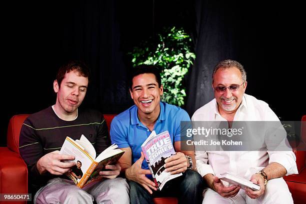 Perez Hilton, Mario Lopez and Emilio Estefan attend the celebrity author series "Friends and Authors" book signing at Foxwoods Resort Casino on April...