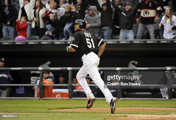 Alex Rios of the Chicago White Sox hits a walk-off, two-run home run against David Aardsma of the Seattle Mariners on April 24, 2010 at U.S. Cellular...