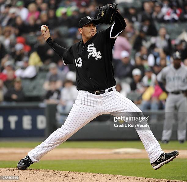 Freddy Garcia of the Chicago White Sox pitches against the Seattle Mariners on April 24, 2010 at U.S. Cellular Field in Chicago, Illinois. The White...