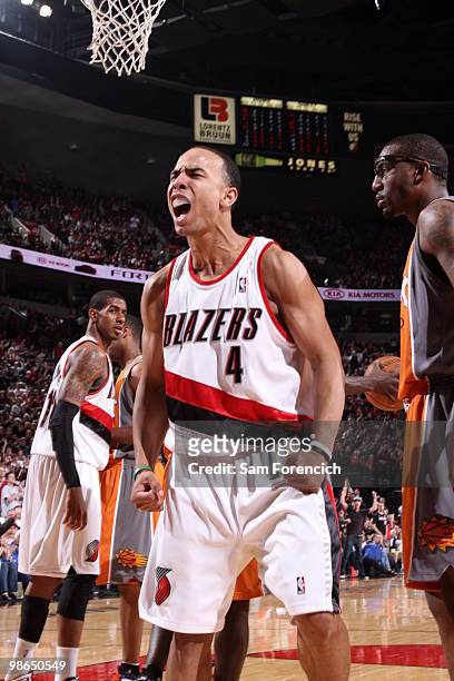 Jerryd Bayless of the Portland Trail Blazers shouts with excitement after a shot against the Phoenix Suns in Game Four of the Western Conference...