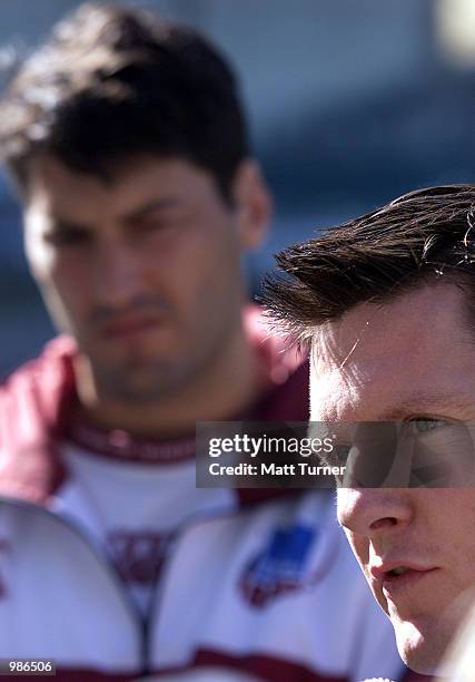 Matthew Burke captain of the NSW Waratahs and John Eales captain of the QLD Reds at a press conference at the Sydney Football Stadium where they will...
