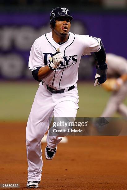 Outfielder Carl Crawford of the Tampa Bay Rays advances against the Toronto Blue Jays during the game at Tropicana Field on April 24, 2010 in St....