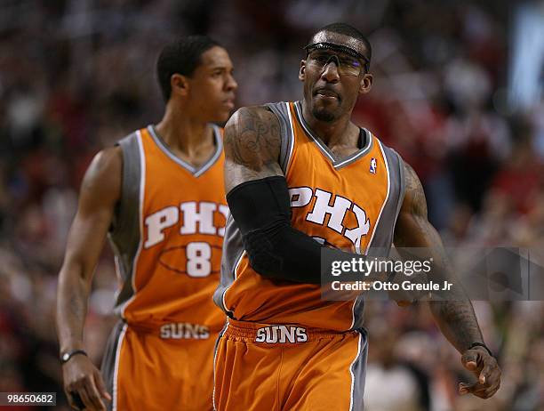 Amare Stoudemire of the Phoenix Suns reacts to a foul during Game 4 of the Western Conference Quarterfinals of the NBA Playoffs against the Portland...