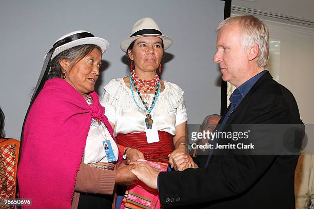 Director James Cameron receives gifts and blessings from Indigenous people from the Real Life Pandoras On Earth during a Press Conference at The...