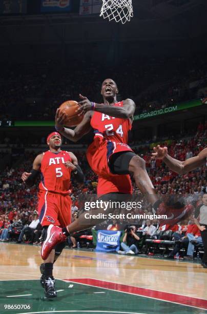 Marvin Williams of the Atlanta Hawks puts up a shot against the Milwaukee Bucks in Game Three of the Eastern Conference Quarterfinals during the 2010...