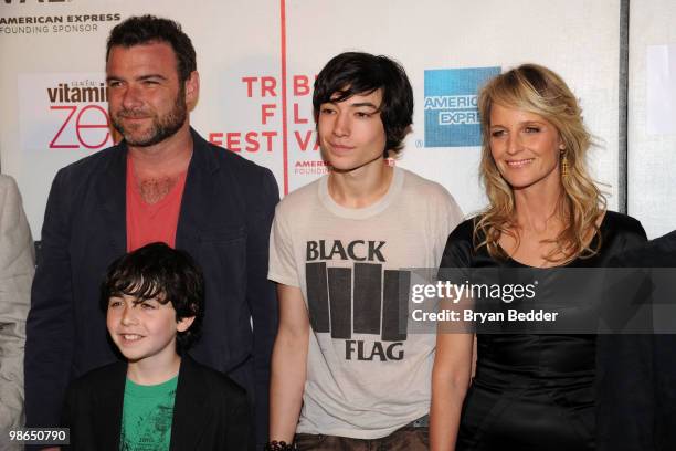 Actors Liev Schreiber, Skyler Fortgang, Ezra Miller and Helen Hunt attend the premiere of "Every Day" during the 2010 Tribeca Film Festival at the...