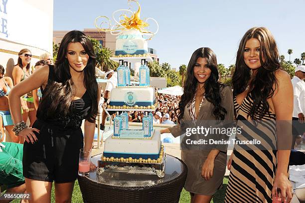 Kim Kardashian, Kourtney Kardashian and Khloe Kardashian celebrate Kourtney's birthday at Wet Republic on April 24, 2010 in Las Vegas, Nevada.