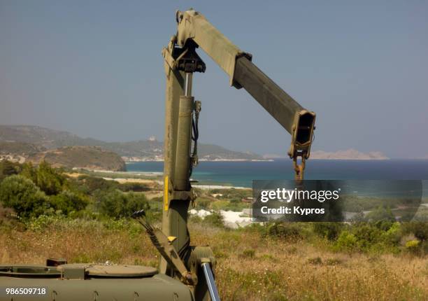 europe, greece, 2018: view of mobile crane - jib stock pictures, royalty-free photos & images