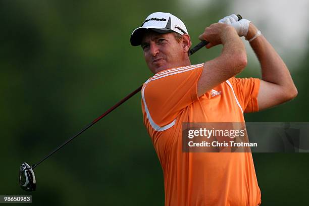 Greg Owen of England tees off on the 7th hole during the third round of the Zurich Classic at TPC Louisiana on April 24, 2010 in Avondale, Louisiana.