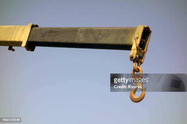 europe, greece, 2018: view of mobile crane - crane hook stock-fotos und bilder