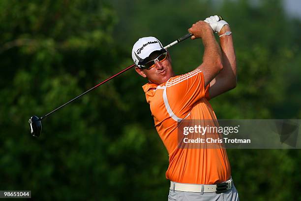 Greg Owen of England tees off on the 2nd hole during the third round of the Zurich Classic at TPC Louisiana on April 24, 2010 in Avondale, Louisiana.