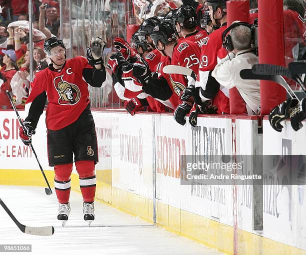 Daniel Alfredsson of the Ottawa Senators celebrates his second period goal against the Pittsburgh Penguins in Game Six of the Eastern Conference...