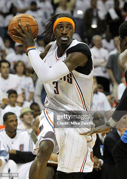 Forward Gerald Wallace of the Charlotte Bobcats looks to drive to the basket during Game Three of the Eastern Conference Quarterfinals during the...