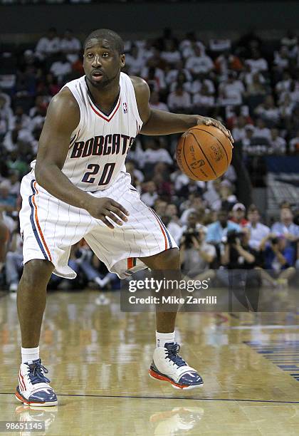 Guard Raymond Felton of the Charlotte Bobcats dribbles with the ball during Game Three of the Eastern Conference Quarterfinals against the Orlando...