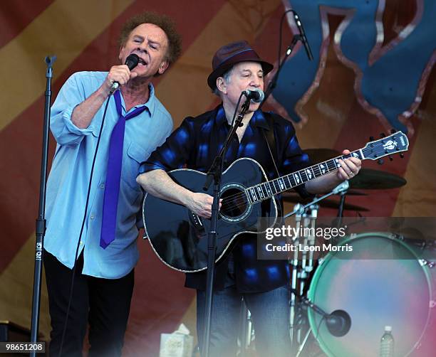 Art Garfunkel and Paul Simon perform on stage at the New Orleans Jazz and Heritage Festival,on April 24, 2010 in New Orleans, Louisiana. The Festival...