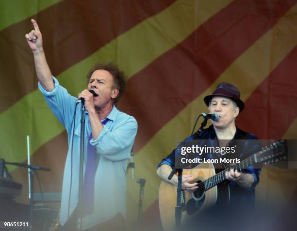 Art Garfunkel and Paul Simon perform on stage at the New Orleans Jazz and Heritage Festival,on April 24, 2010 in New Orleans, Louisiana. The Festival...