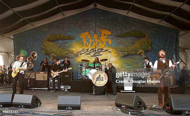The Preservation Hall Jazz Band performs with My Morning Jacket at the 2010 New Orleans Jazz & Heritage Festival Presented By Shell at the Fair...